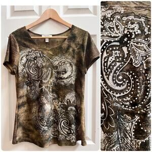Y2K Earth Tone Rhinestone Embellished Paisley Print Short Sleeve Top Small USA